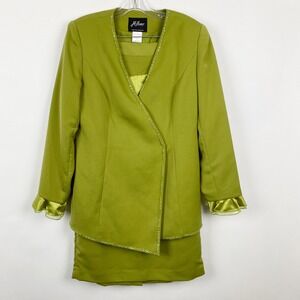 Milano Beaded Ruffle Cuff 2 Piece Skirt Suit Set Womens 12 Green Formal Wedding